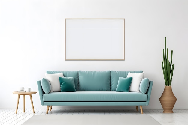 Teal sofa and big mockup poster frame on white wall ai generated