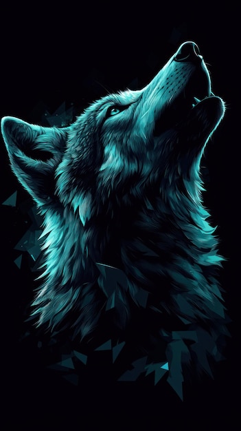 A Teal Wolf Howling at the Moon with a Geometric Background