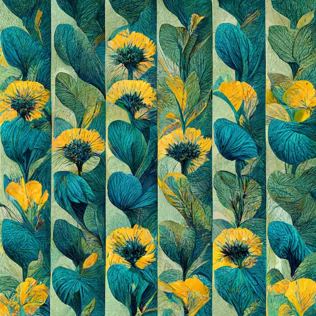 Teal and yellow abstract flower pattern for prints wall art cover and invitation Watercolor art background