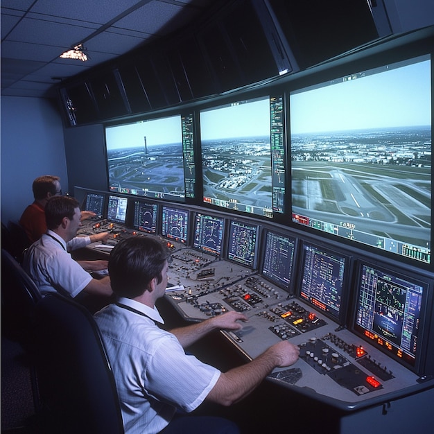 A team of air traffic controllers during a training session with flight simulation