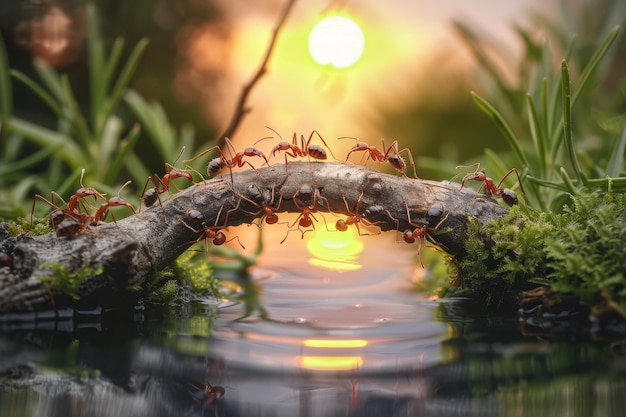 Team of ants constructing bridge over water at sunrise or sunset cooperative work concept