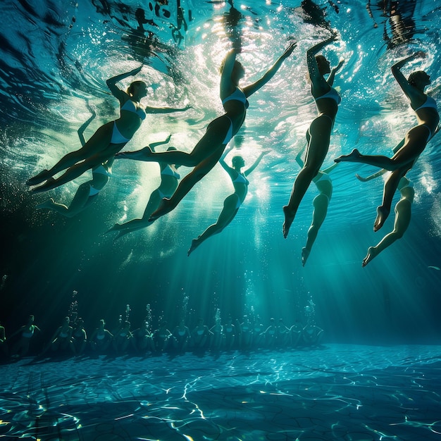 A team of artistic swimmers performing a synchronized routine