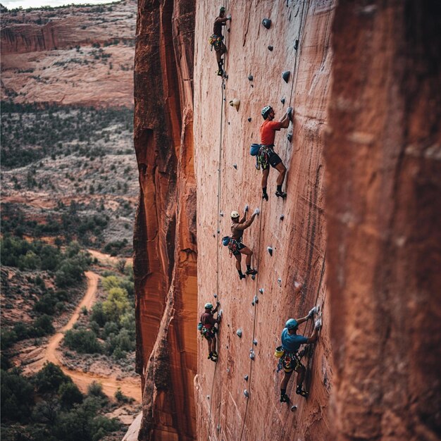 Photo a team of athletes using climbing gear to scale a vertical wall or cliff during a race