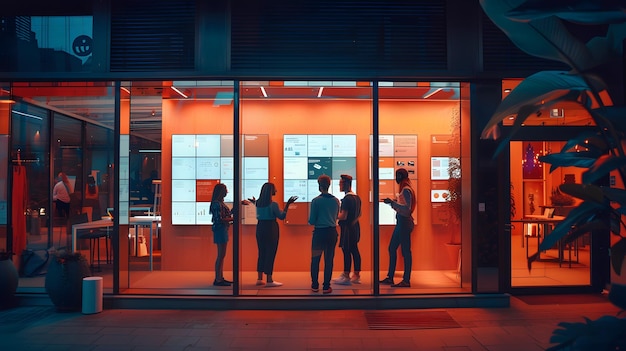 Team brainstorming in a glasswalled meeting room