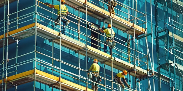 A team of builders assembling scaffolding around a tall building