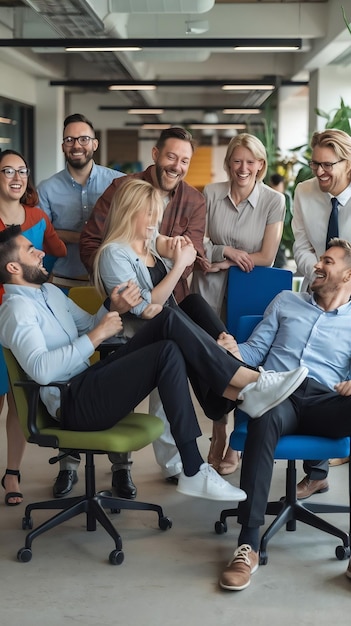 Photo team building laughing and group in office for business project and planning or communication