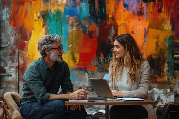 Photo team of business partners collaborating with macbook tablet and book on painted background