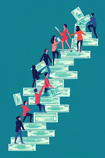 Team of business professionals climbing steps made of money illustrating financial growth and success