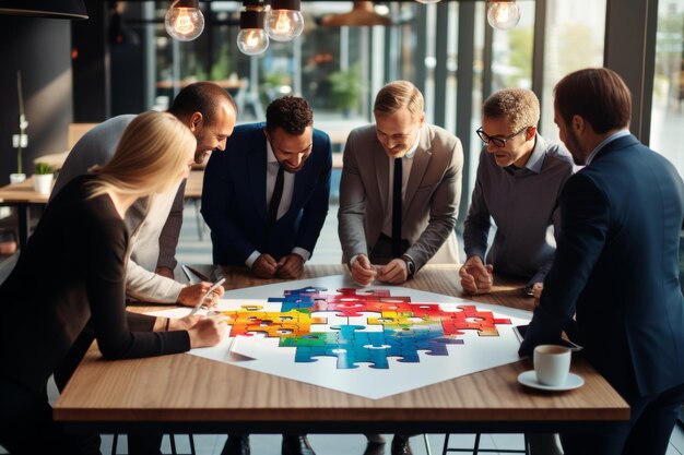 A team of businessmen assembles a multicolored business puzzle the details of which depict