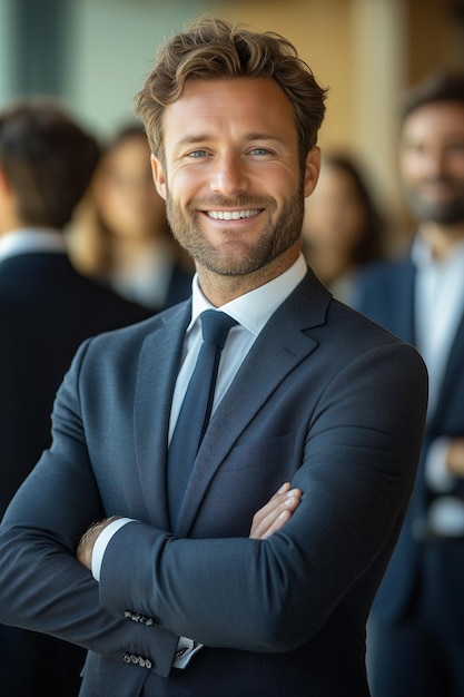 Team of businessmen smiling with confidence in office leadership organization