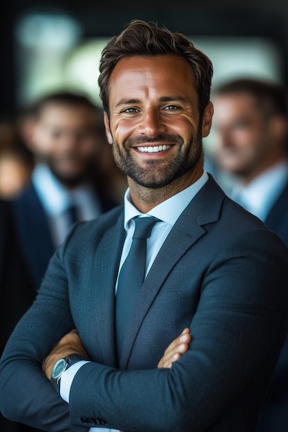 Team of businessmen smiling with confidence in office leadership organization