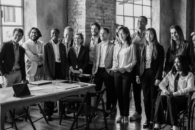 Team of businesspeople standing in coworking area working together