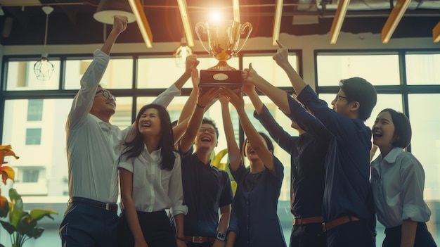 Photo a team celebrates a victory as they raise a golden trophy together smiles lighting up their faces in a sunlit office room