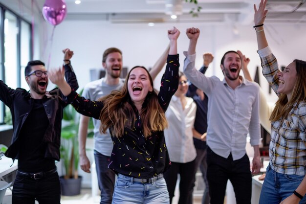 Photo team celebrating the launch of a new startup with modern decor and exciting atmosphere showcasing a vibrant event setting