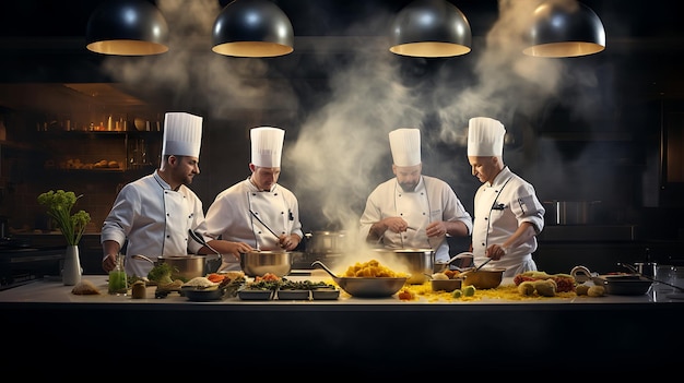 team of chefs preparing dishes in kitchen