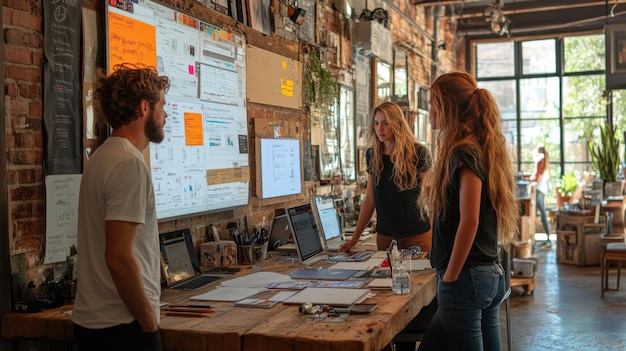 Team collaborating on a project in a creative workspace