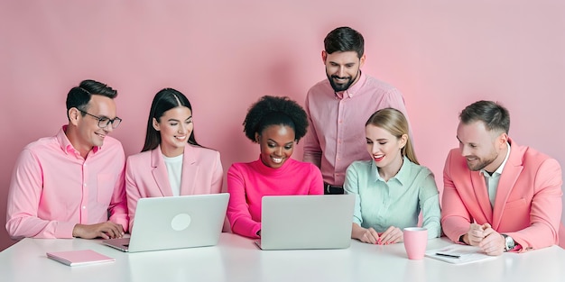 Team Collaboration in Pink Themed Office