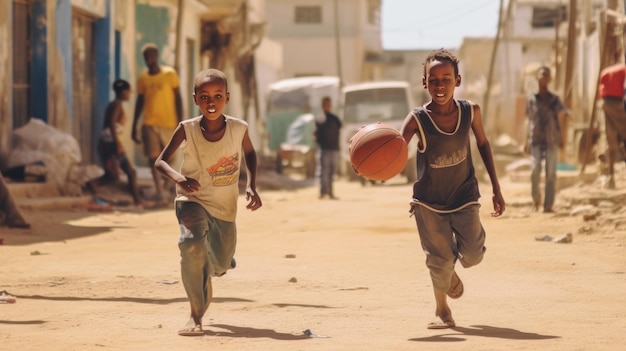 Team in colorful uniforms playing basketball game Somali boys play basketball