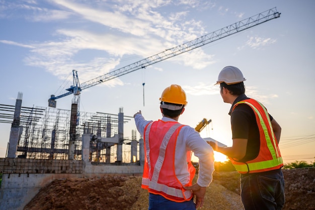 A team of construction engineers talks to managers and construction workers at the construction site Quality inspection work plan home and industrial building design project