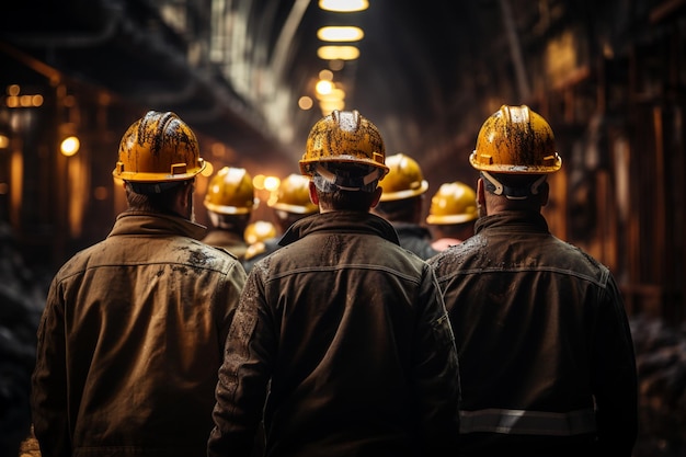 Team of construction workers don safety helmets for engineering project collaboration