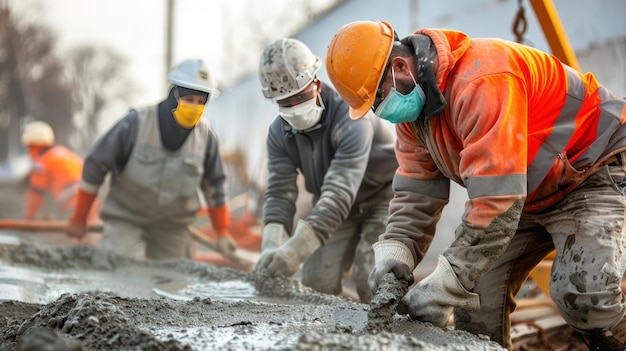 A team of construction workers wearing protective gear and masks working together