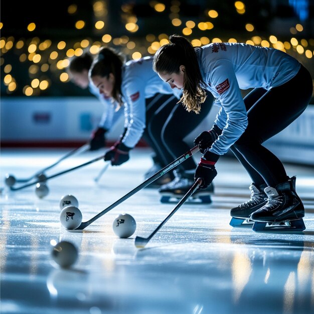 A team of curlers sliding stones on an ice rink with precision