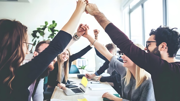 Photo team of diverse colleagues celebrating success with a high five in the office