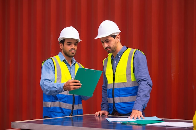 Team engineer meeting at container shipment background Team workers meeting at container shipment background