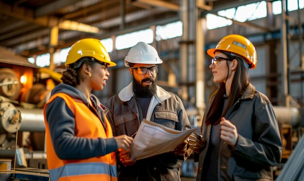 team of engineers discussing with safety jackets and helmets