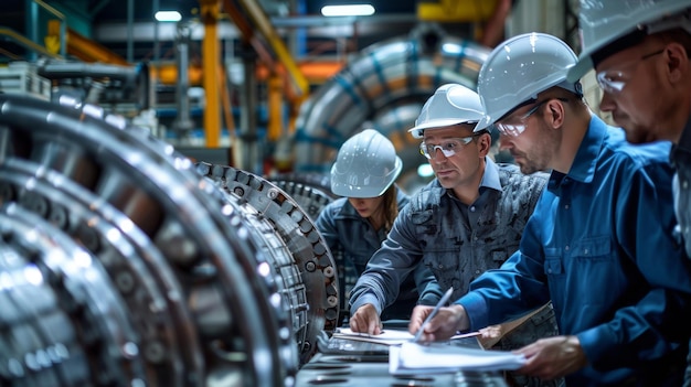 A team of engineers meticulously inspects the complex components of turbomachinery at a largescale i