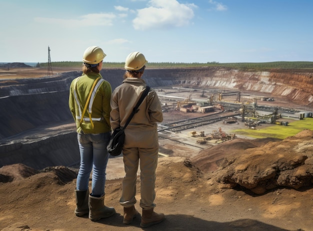 Team of engineers standing in the open pit and looking at the construction site