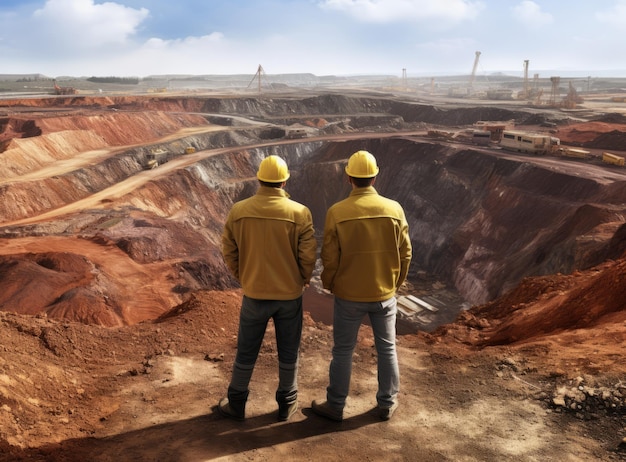 Team of engineers standing in the open pit and looking at the construction site