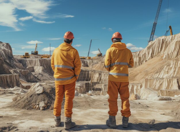 Team of engineers standing in the open pit and looking at the construction site