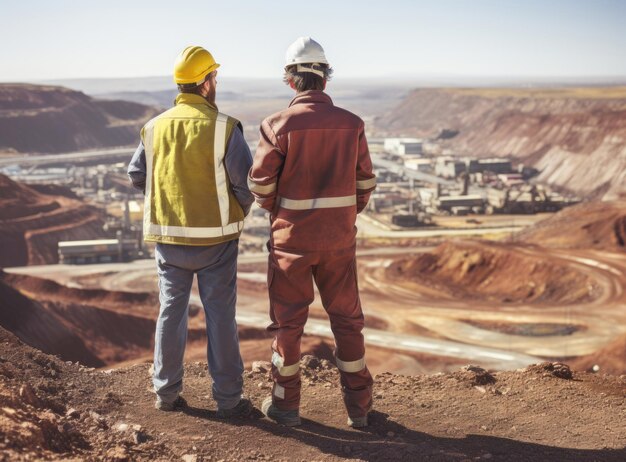 Team of engineers standing in the open pit and looking at the construction site