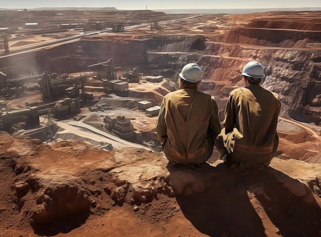 Team of engineers standing in the open pit and looking at the construction site