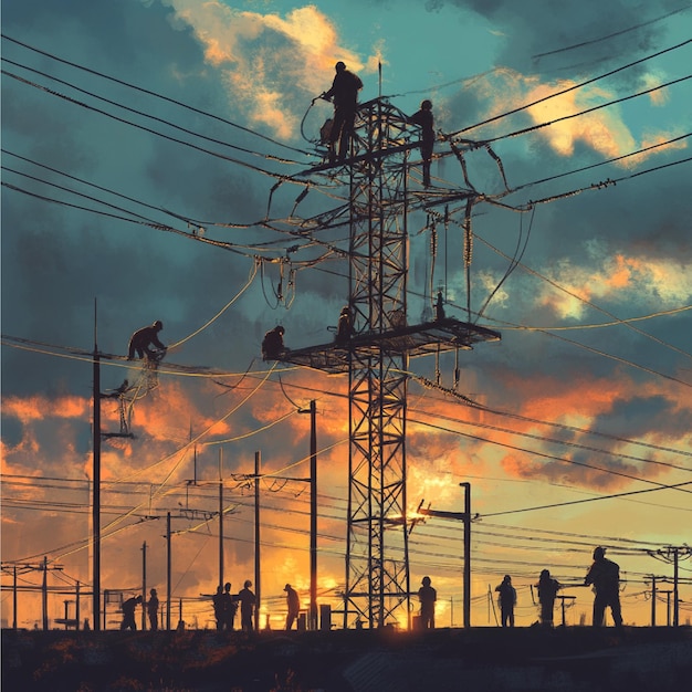 A team of engineers working on highvoltage power lines and substations