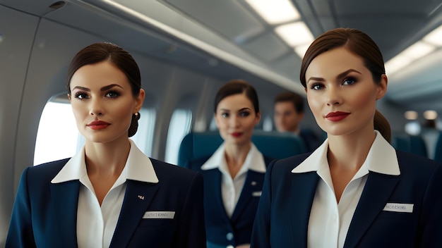 Photo a team of flight attendants standing in the cabin before departure