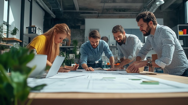 Photo a team of four people huddle around a table collaborating on a project