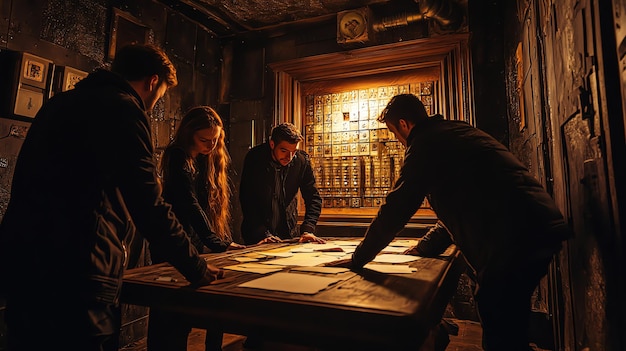 Photo a team of four people working together to solve a puzzle in a dark escape room