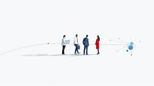 Photo a team of four professionals pulls on a line towards a connected network symbolizing collaborat