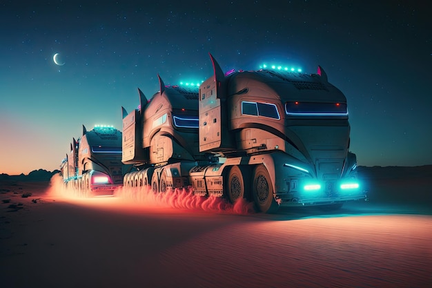 Team of futuristic trucks racing through the desert at night