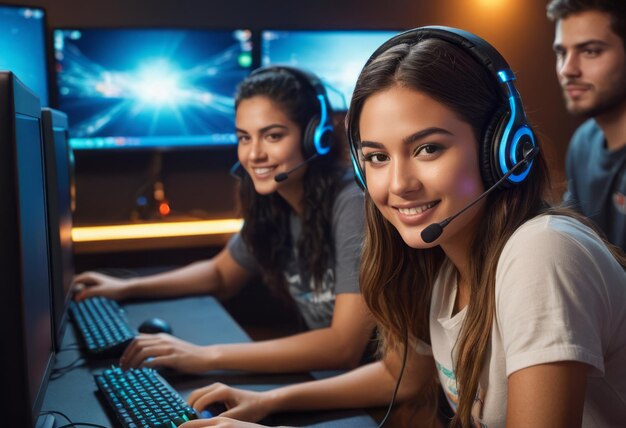 A team of gamers focuses intensely on their screens during a competitive gaming session