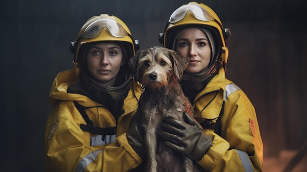 Team of happy firefighters holding dog and looking at camera