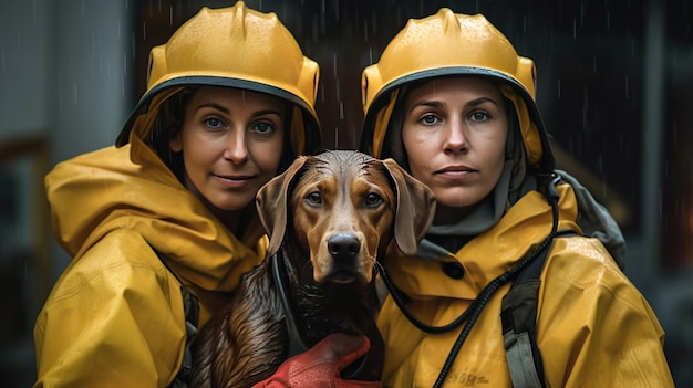 Team of happy firefighters holding dog and looking at camera