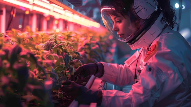 A team in a hightech greenhouse using a robotic arm to carefully tend to delicate plants