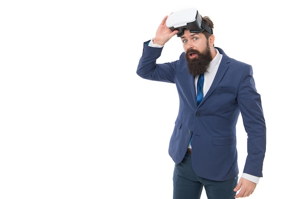 Team of innovators Virtual business Online business concept Men bearded formal suits Digital technologies Business innovation Vr presentation Men vr glasses modern technology white background