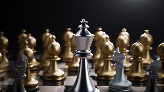 Team leader concept Golden and silver chess figure 3D