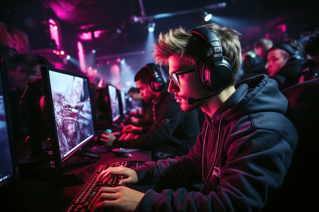 team of male teenagers esports players with headphones playing at computers at the cybersport online games championship