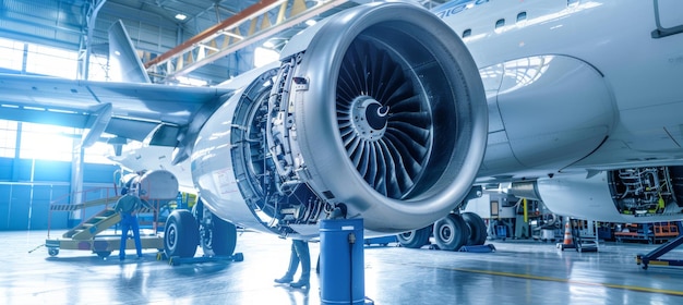 Team of Mechanics Inspecting Commercial Aircraft Engine in a Hangar for Optimal Performance