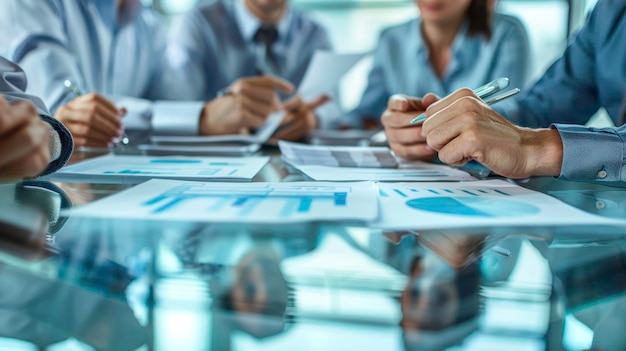 Team members collaborating on charts and graphs during a business meeting focusing on financial analysis and strategy